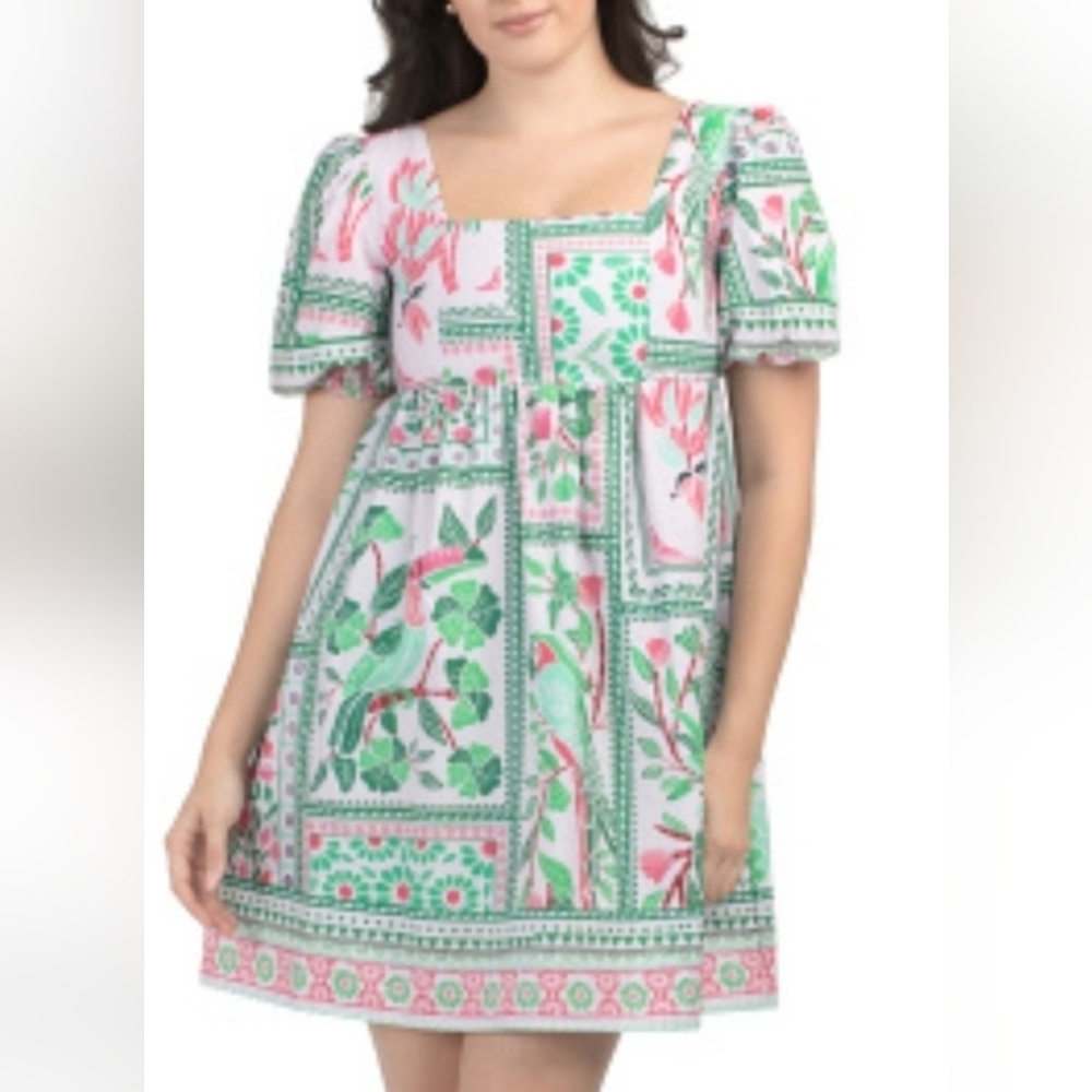 NWT Celina Moon Dress Babydoll Mini Tropical Tile Pink Green Parrot Bird Size L